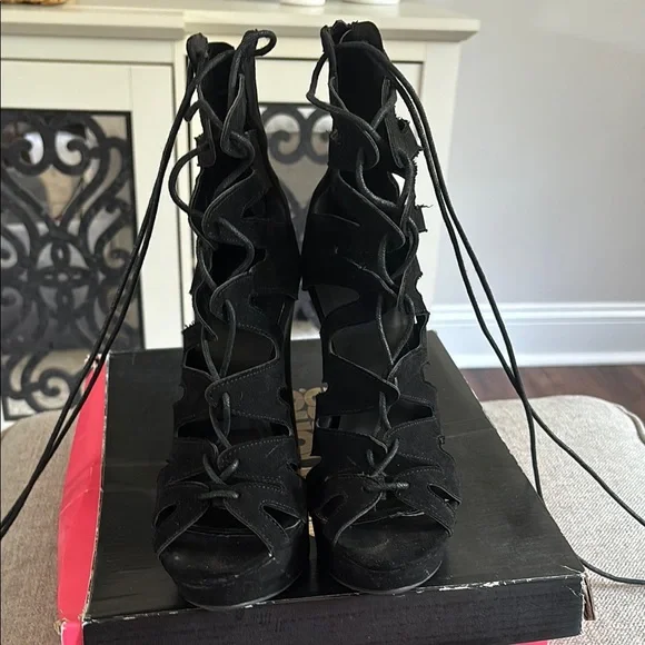 Black Lace-Up Wedge Sandals - Picture 4 of 7